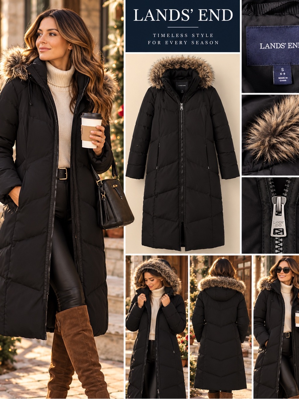Lands' End Black Long Faux-Fur Hooded Puffer Coat
